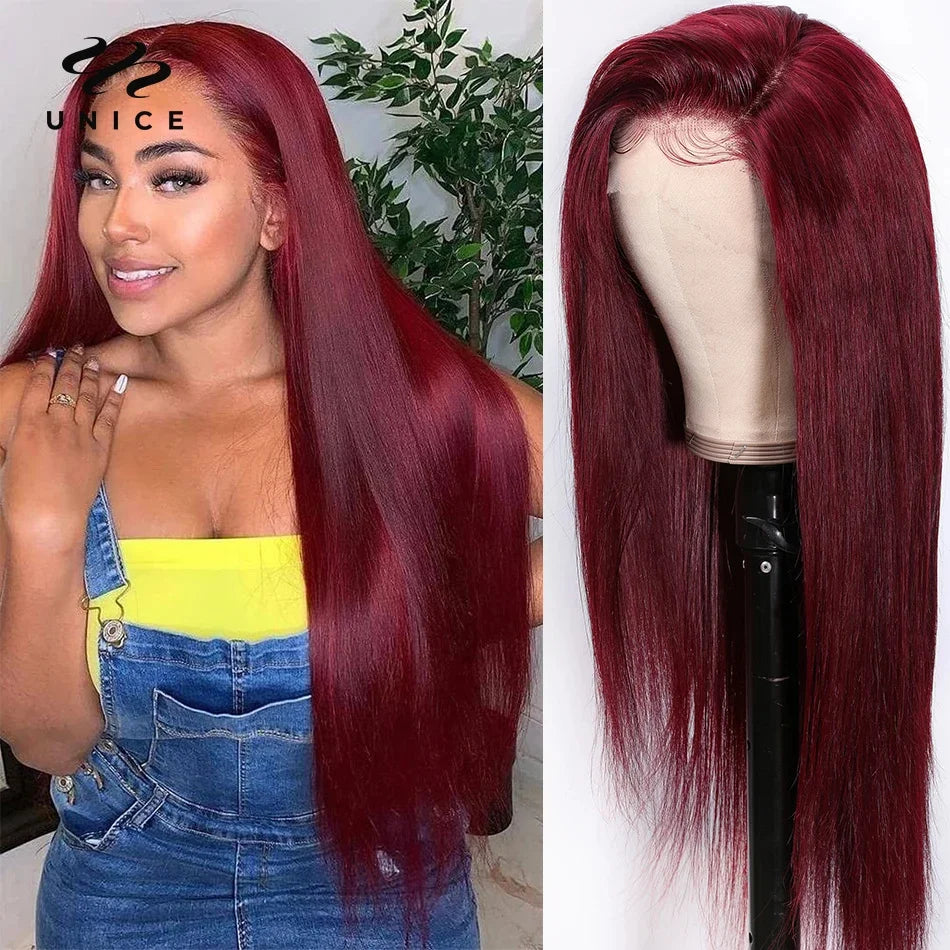 UNice Hair 99J Straight Human Hair Wig Pre Plucked 13x4 Lace Frontal Wig Burgundy Lace Front Wig US Free Shipping