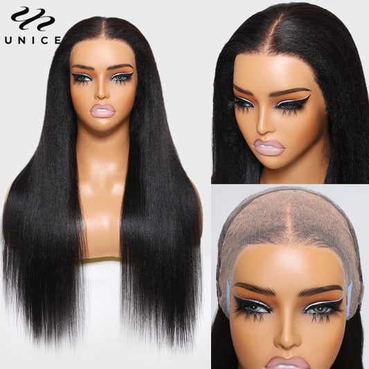 UNice Pre Everything 13x6 Lace Frontal Wig Coily Edges Yaki Straight Human Hair Lace Front Wig Pre Cut Pre Bleached Pre Plucked