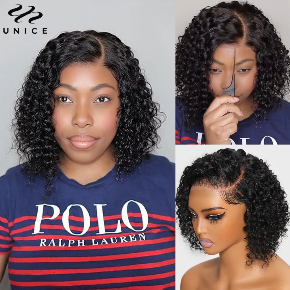 UNice Hair Short Curly Bob Wig Human Hair 7x5 Pre Cut Pre Bleached Pixie Cut Lace Closure Wig Ready To Wear Go Glueless Wig