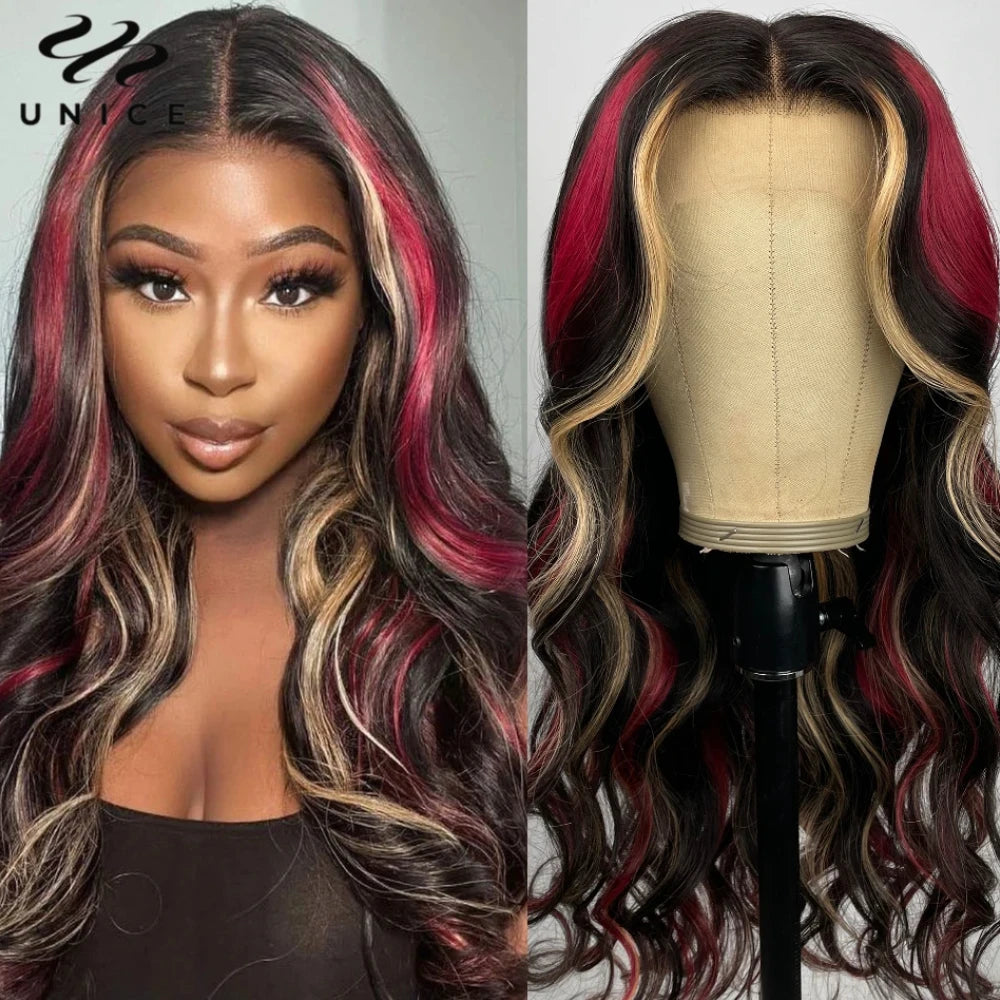 UNice Hair Bye Bye Knots 7x5 Glueless Wig Human Hair Red Blonde Highlight Loose Wave Wigs Pre Bleached Pre Cut Lace Closure Wig