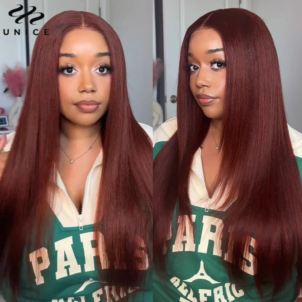 Hair 7x5 Bye Bye Knots Wig Reddish Brown Yaki Straight Human Hair Wigs Pre Cut Pre Bleached Glueless Lace Wig 150% Density