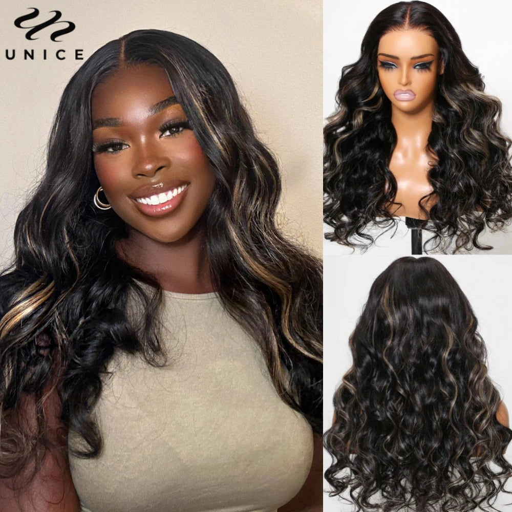 UNice Blonde Highlight Body Wave Wig 7x5 Pre Cut Pre Bleached Human Hair Lace Wig Ready To Wear Go Glueless Wig 150% Density