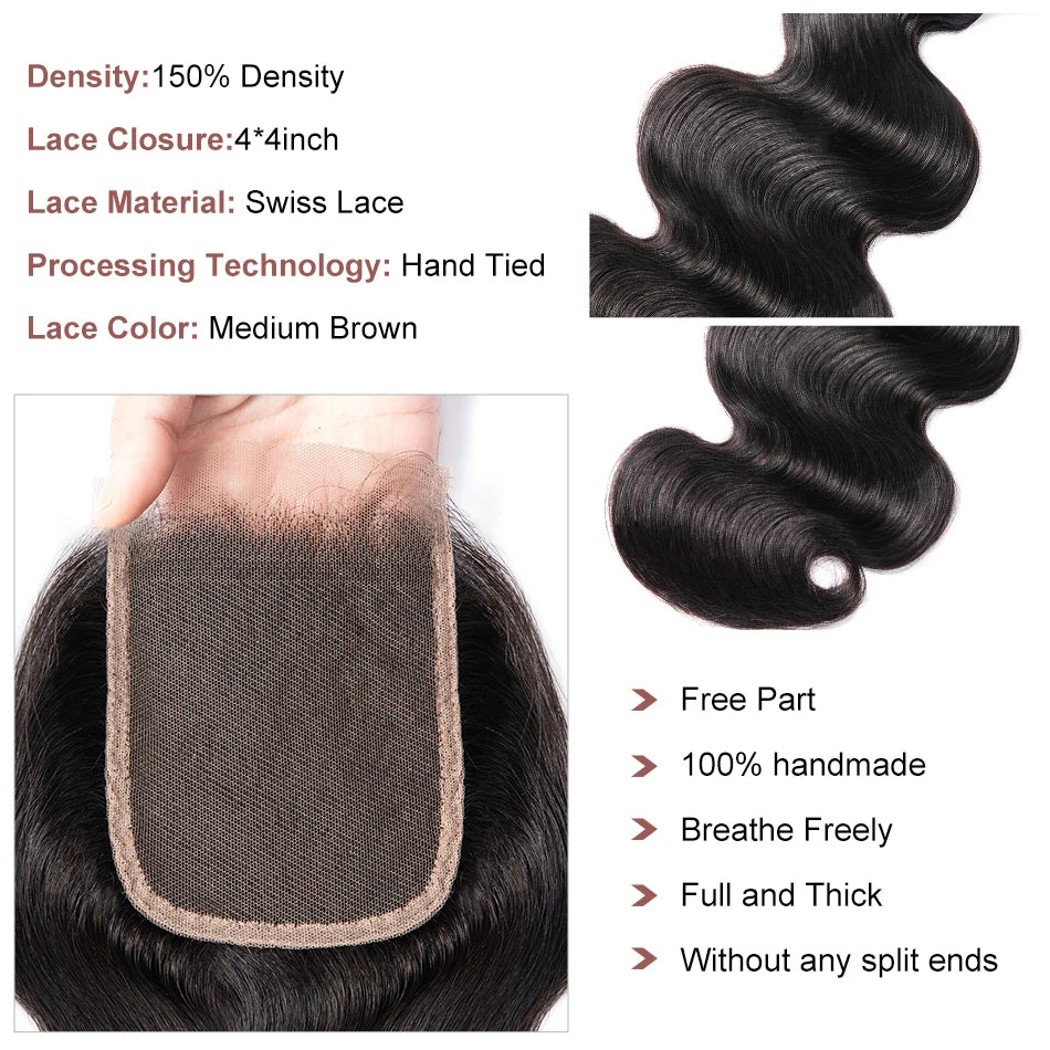 Unice Hair 3 Pcs Peruvian Body Wave Human Hair Bundles with Closure Hair Human Hair Weave Bundles with Closure 3+1 Remy Hair
