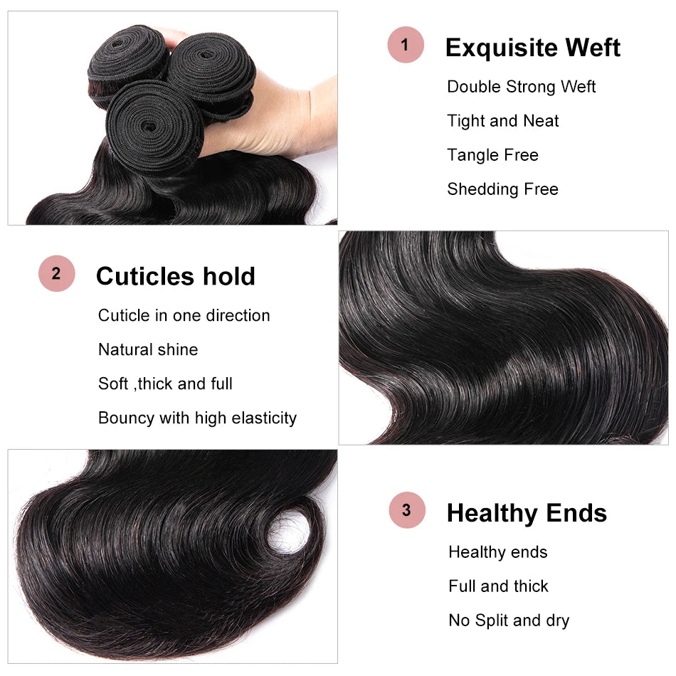 Unice Hair 3 Pcs Peruvian Body Wave Human Hair Bundles with Closure Hair Human Hair Weave Bundles with Closure 3+1 Remy Hair