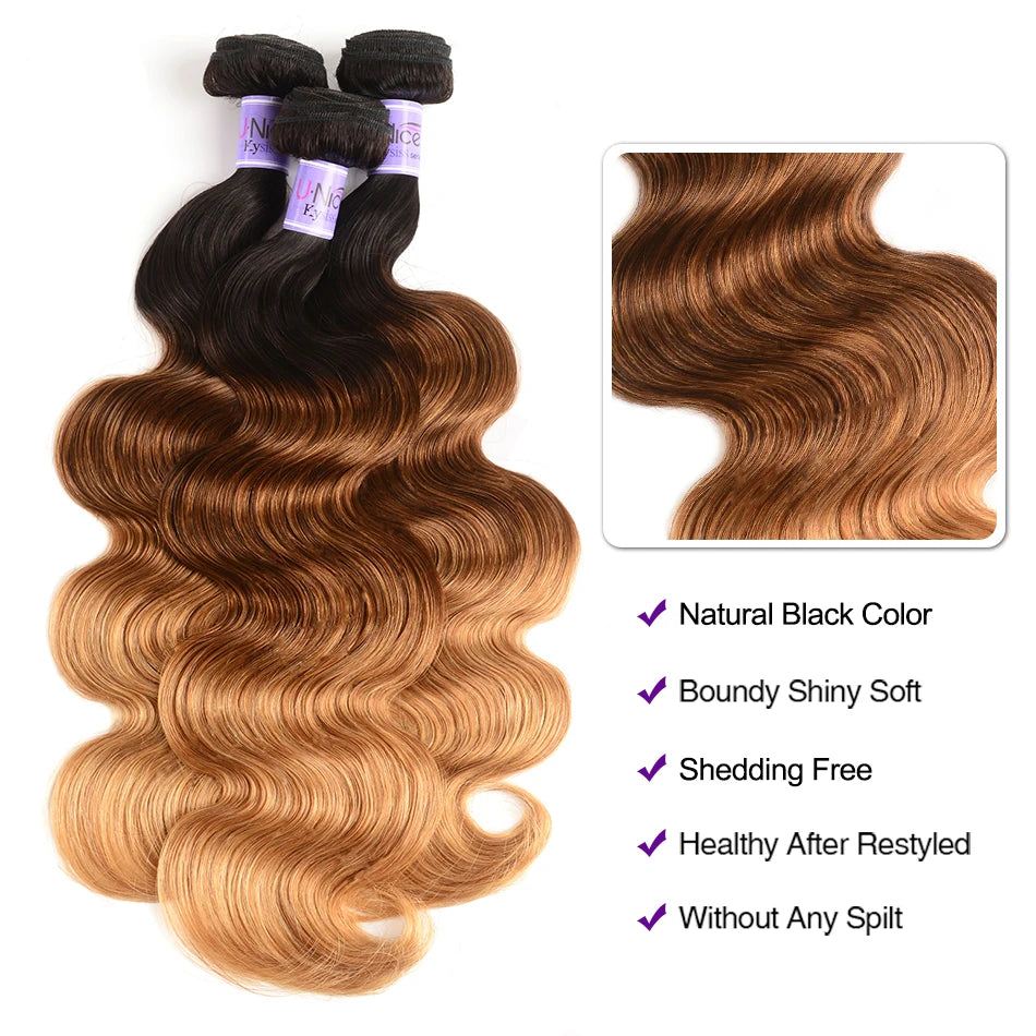 UNice Hair Kysiss Series Ombre Hair 3 Bundles Body Wave  Brazilian Hair Weave Bundles 3 Tone Blonde T1B/4/27 Virgin Human Hair