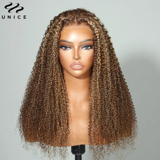 UNice Hair Pre Cut 6x4.75 Wear Go Glueless Wig Human Hair Brown Blonde Highlight Kinky Curly Lace Closure Wig 200% Density