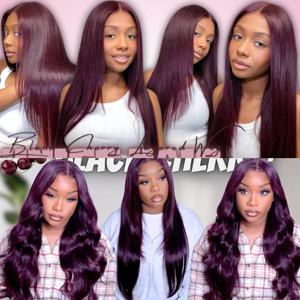 UNICE Hair Black Cherry Layered Cut Straight Wig 7x5 Pre Cut Pre Bleached Lace Front Human Hair Wig 180% Density