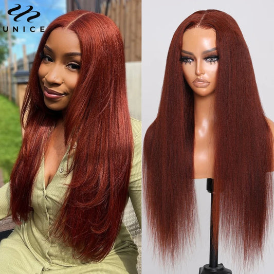 Hair 7x5 Bye Bye Knots Wig Reddish Brown Yaki Straight Human Hair Wigs Pre Cut Pre Bleached Glueless Lace Wig 150% Density