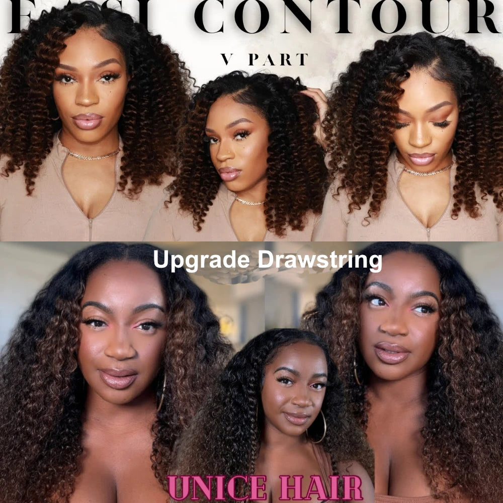 UNICE Hair Drawstring Curly V Part Wig Ombre Chestnut Brown Human Hair Clip in Vpart Wig Minimal Leave Out Upgrade U Part Wig