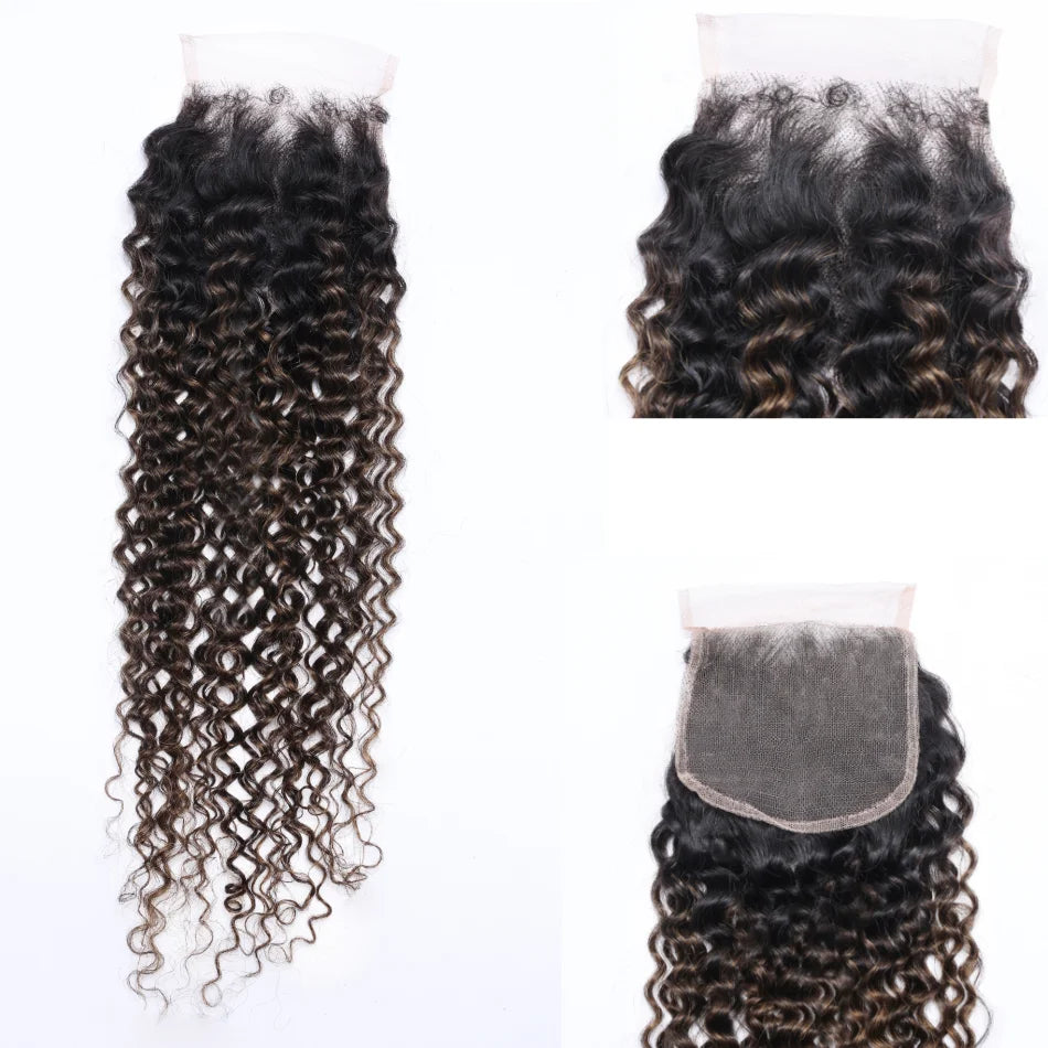 Unice Hair FB30 Brown Highlights 3/4 Pcs Jerry Curly Brazilian Human Hair Weave Bundles with Closure Remy Hair Extensions