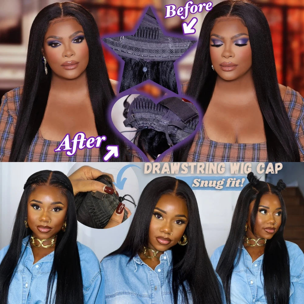 UNice Bye Bye Knots Wig Yaki Straight 7x5 Lace Wig With Elastic Drawstring Glueless Wig Human Hair Ready To Wear Go 150% Density