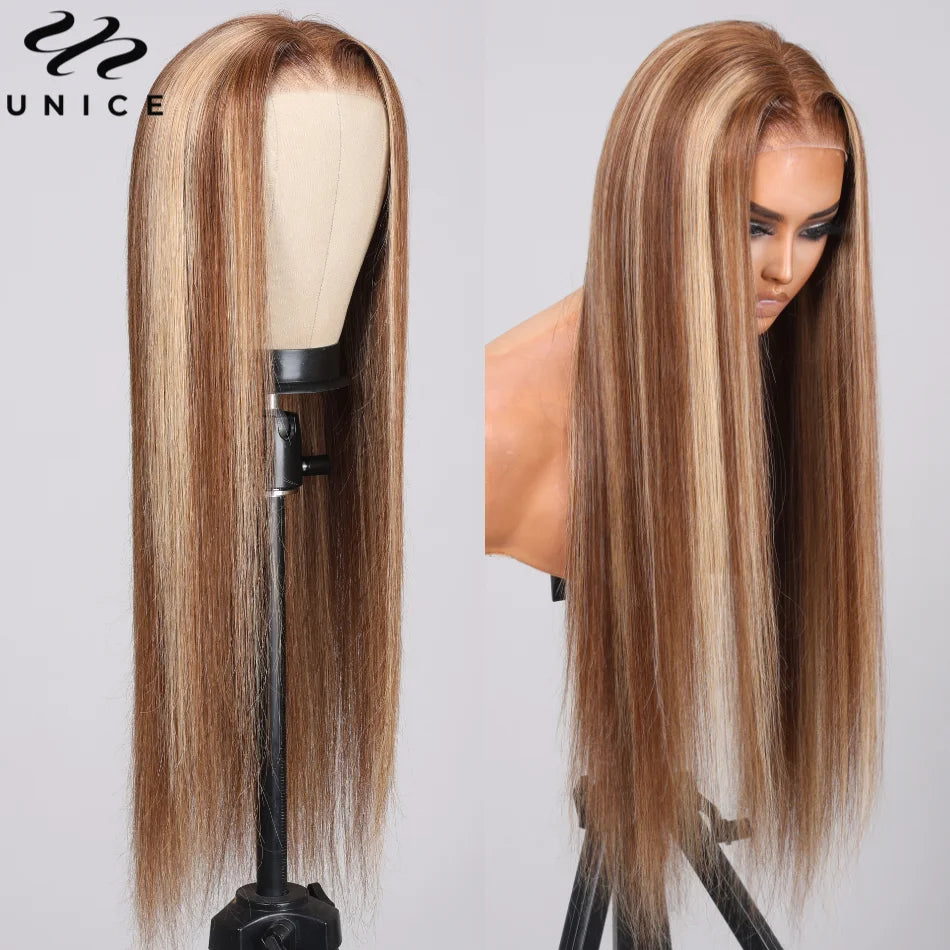 UNice 7x5 Bye Bye Knots Brown Blonde Mixed Straight Lace Wig Pre Cut Pre Bleached Glueless Wig Human Hair Ready To Wear Go