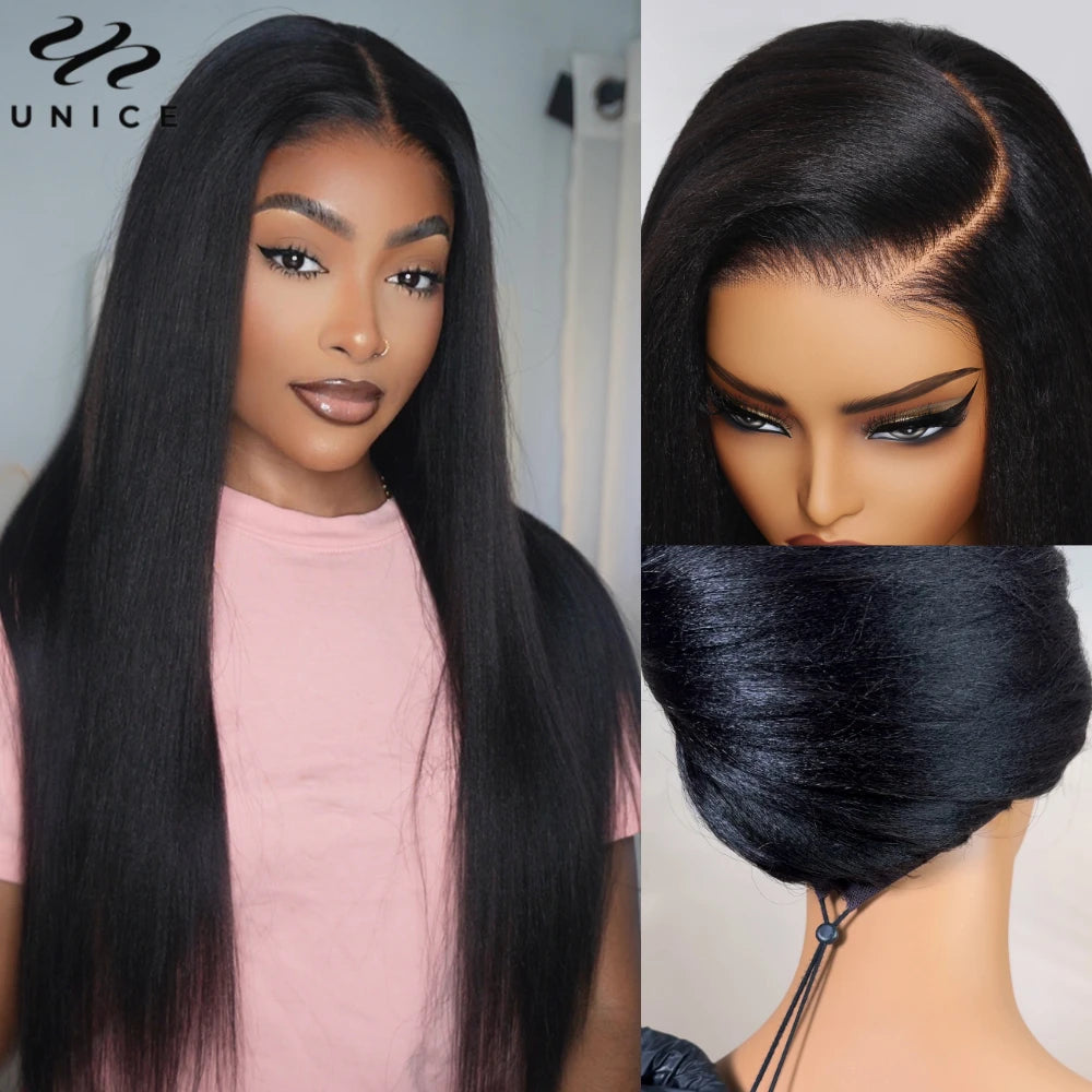 UNice Bye Bye Knots Wig Yaki Straight 7x5 Lace Wig With Elastic Drawstring Glueless Wig Human Hair Ready To Wear Go 150% Density