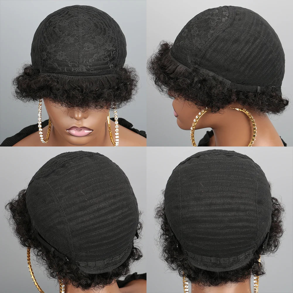 Afro Puff Curl Bob Realistic Natural Hair Glueless Virgin Hair Colored Fluffy Afro Puff Wig For Women Pixie Cut Wigs Human Hair