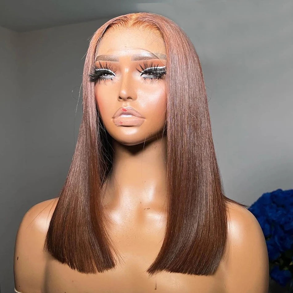 200% Straight Short Bob Wig Chocolate Lace Frontal Wig Human Hair Glueless Human Hair Straight 13x4 Transparent Lace Front Wigs