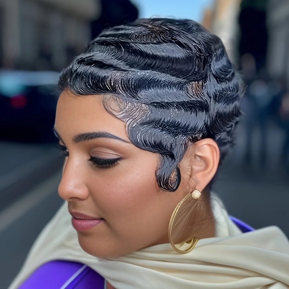 Short Finger Wave Wig Brazilian Human Hair Wig For Women Short Water Wave Deep Wave Wig Pixie Cut Wigs For Daily And Party Use