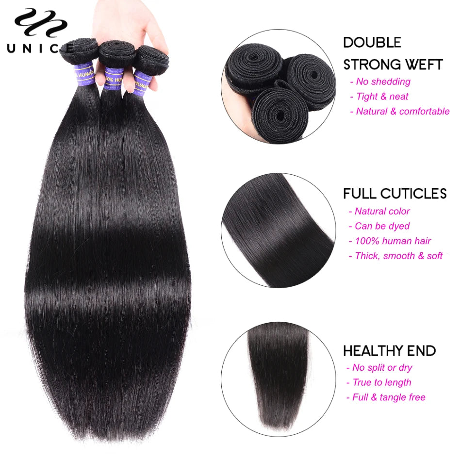 Unice Hair 8A Grade Straight Human Hair Bundles 3PCS Deal 100% Human Hair Natural Black Sew In Quick Weave Bundles Hair