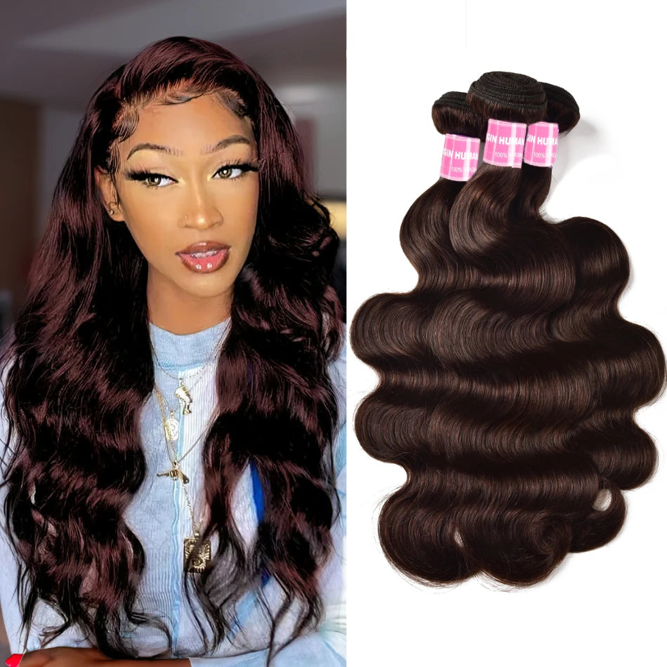 Unice Hair 3 PCS Brazilian Color 2 Body Wave Bundles Deal 100% Human Hair Bundles Virgin Darkest Brown Extensions Remy Wavy Hair