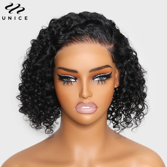 UNice Hair Short Curly Bob Wig Human Hair 7x5 Pre Cut Pre Bleached Pixie Cut Lace Closure Wig Ready To Wear Go Glueless Wig
