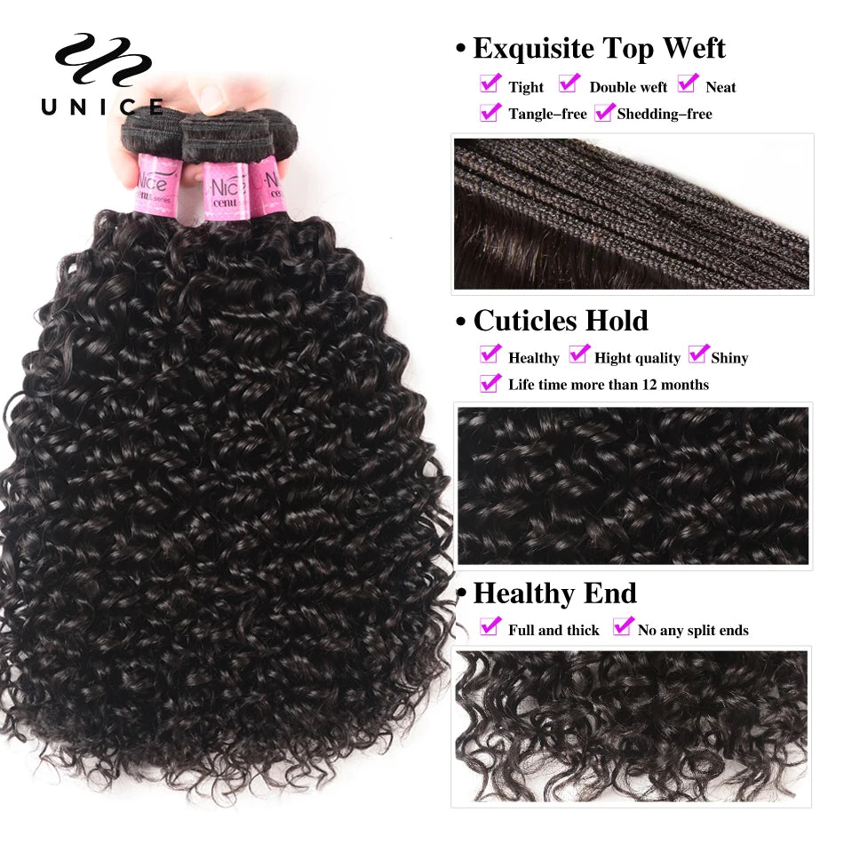 UNice Hair Curly Weave 100% Human Hair Bundles Remy Hair 8-26 Inch Brazilian Hair Bundles Natural Color 10A 1/3/4 Bundles Deal