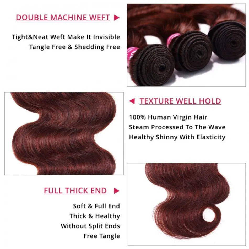 Unice Hair 33B Dark Ginger Body Wave Human Hair 3/4 Bundles Reddish Brown 100% Human Hair  Auburn Hair Bundle Deal for Women