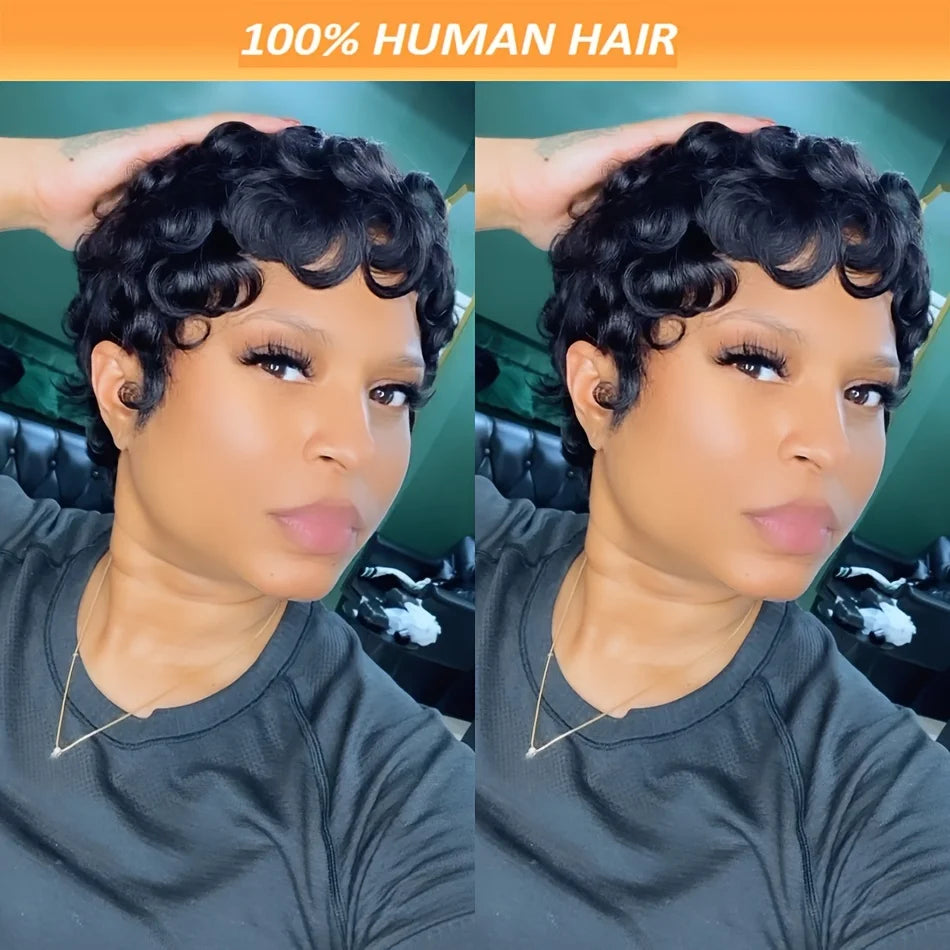 Short Curly Pixie Cut Wigs For Black Women Natural Black Human Hair Wig Brazilian Remy Human Hair Bob Full Machine Made Wig 150%
