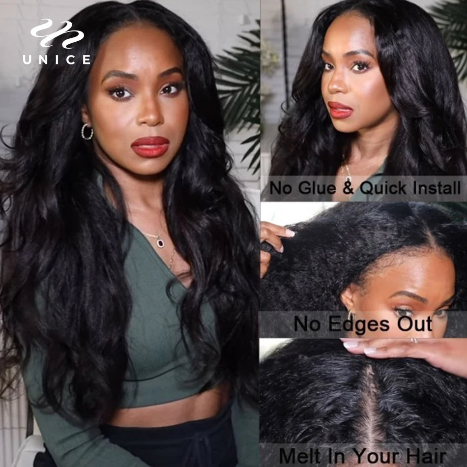 UNice Hair Drawstring Cap Kinky Straight V Part Wig & U Part Wig EasiContour 100% Human Hair Wigs No Glue Small Head Friendly