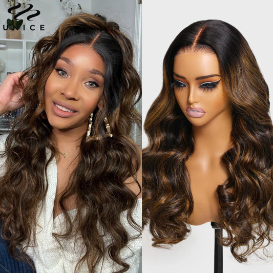 Hair Balayage 3D Body Wave Wig Pre Cut Pre Bleached 7x5 13x4 Lace Frontal Human Hair Wig Pre Plucked Wear Go Glueless Wig