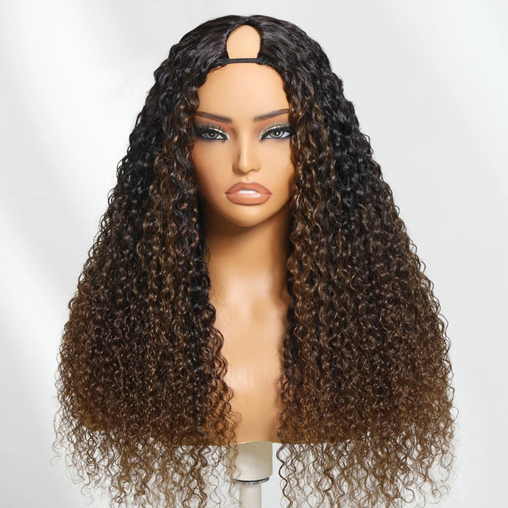 UNICE Hair Drawstring Curly V Part Wig Ombre Chestnut Brown Human Hair Clip in Vpart Wig Minimal Leave Out Upgrade U Part Wig