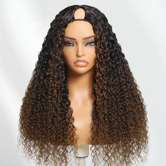 UNICE Hair Drawstring Curly V Part Wig Ombre Chestnut Brown Human Hair Clip in Vpart Wig Minimal Leave Out Upgrade U Part Wig