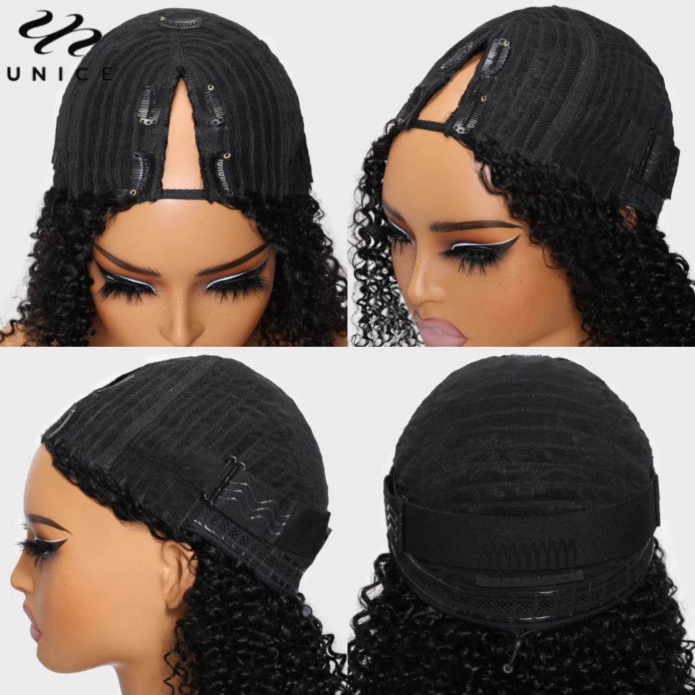 UNICE Hair Drawstring Curly V Part Wig Ombre Chestnut Brown Human Hair Clip in Vpart Wig Minimal Leave Out Upgrade U Part Wig