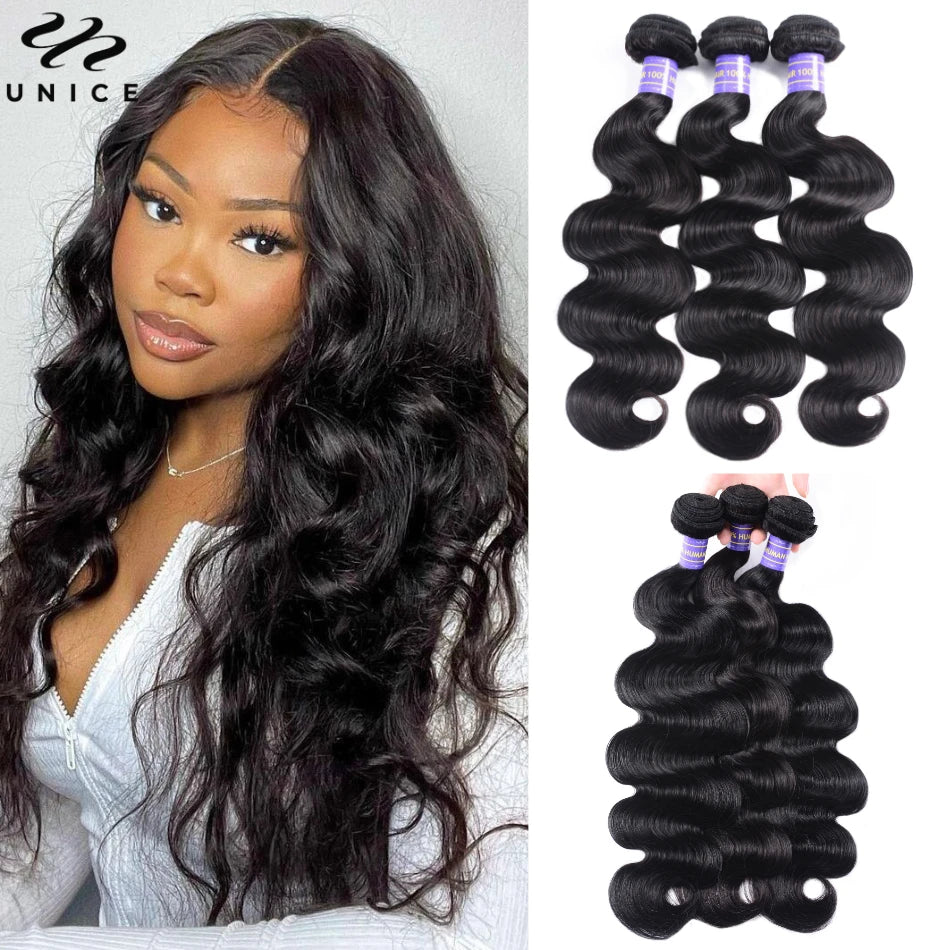 Unice Hair 8A Grade Body Wave Bundles 3/4 Bundles Deal 100% Human Hair Bundles Sew In Extensions Quick Weaves
