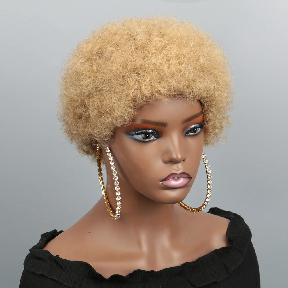 Afro Puff Curl Bob Realistic Natural Hair Glueless Virgin Hair Colored Fluffy Afro Puff Wig For Women Pixie Cut Wigs Human Hair