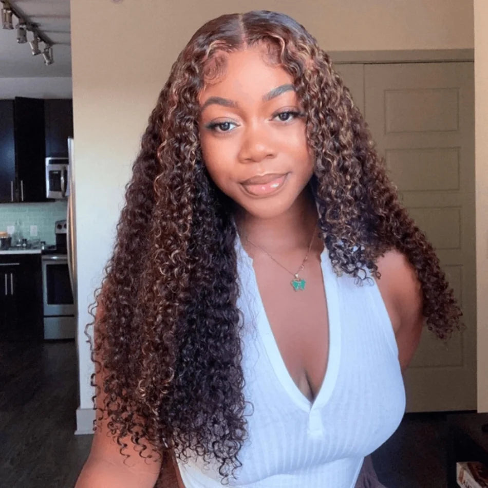 Unice Hair FB30 Brown Highlights 3/4 Pcs Jerry Curly Brazilian Human Hair Weave Bundles with Closure Remy Hair Extensions