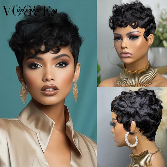 Brazilian Remy On Sale Human Hair Wigs For Black Women Full Machine Made Short Bob Wig Pixie Cut Curly Water Wave Hair Pre Cut