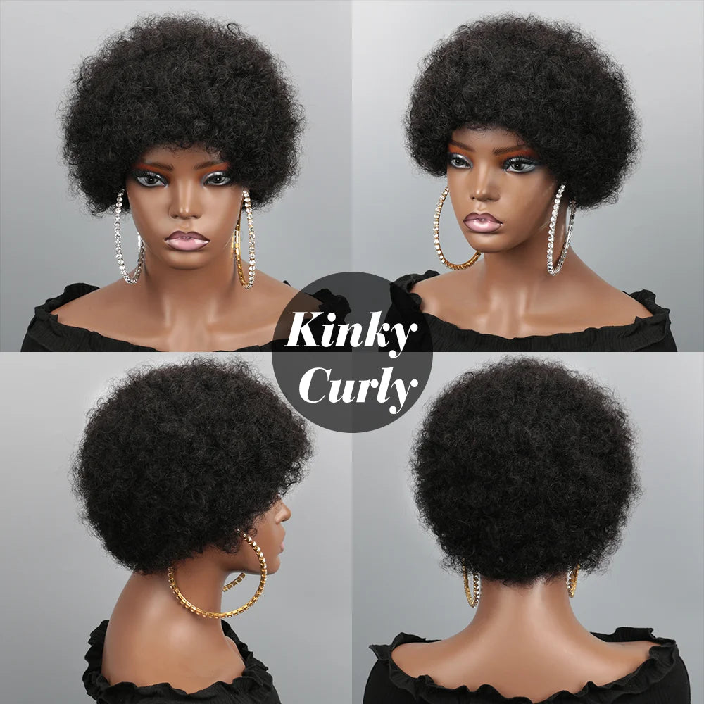 Afro Puff Curl Bob Realistic Natural Hair Glueless Virgin Hair Colored Fluffy Afro Puff Wig For Women Pixie Cut Wigs Human Hair