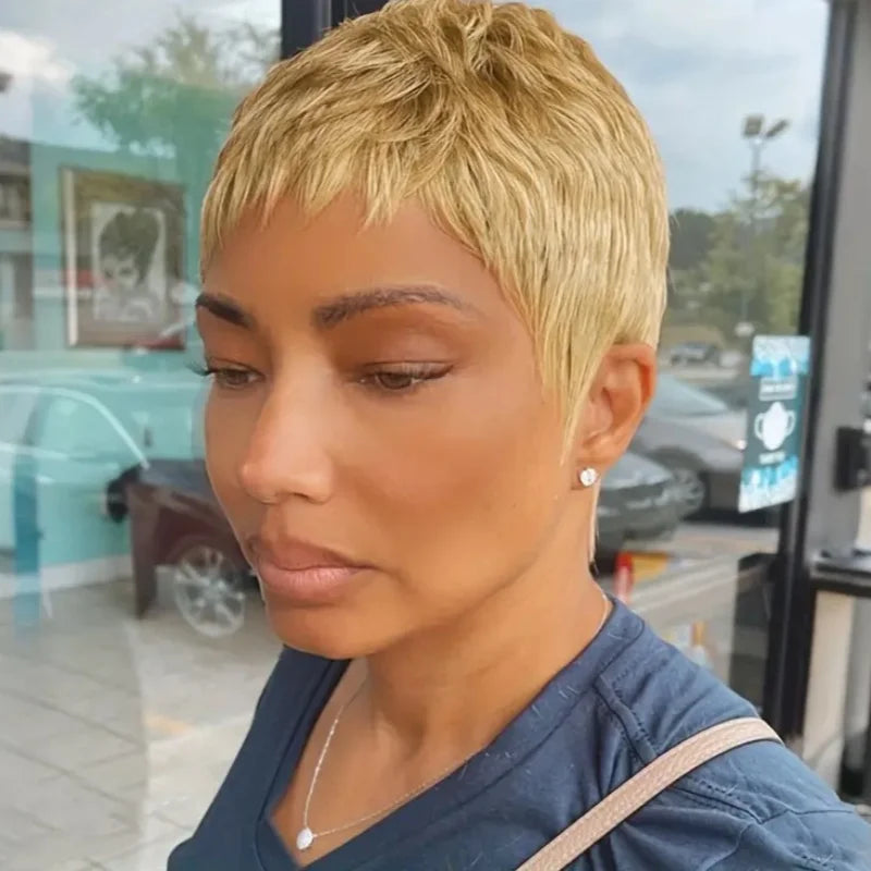Short Pixie Cut Wig Human Hair For Women Machine Made Wigs With Bangs Colored Wigs