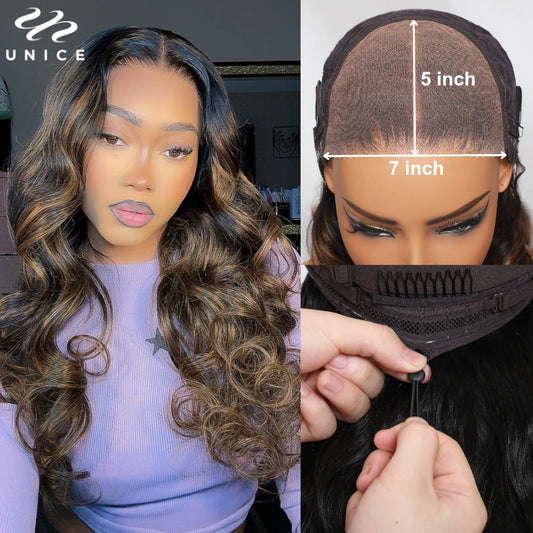 Balayage Body Wave Wig Upgraded Drawstring Cap 7x5 Pre Cut Pre Bleached Lace Front Human Hair Glueless Wig 150% Density