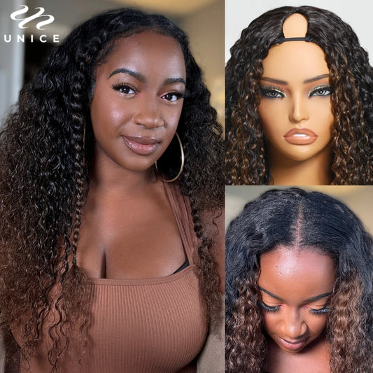 UNICE Hair Drawstring Curly V Part Wig Ombre Chestnut Brown Human Hair Clip in Vpart Wig Minimal Leave Out Upgrade U Part Wig