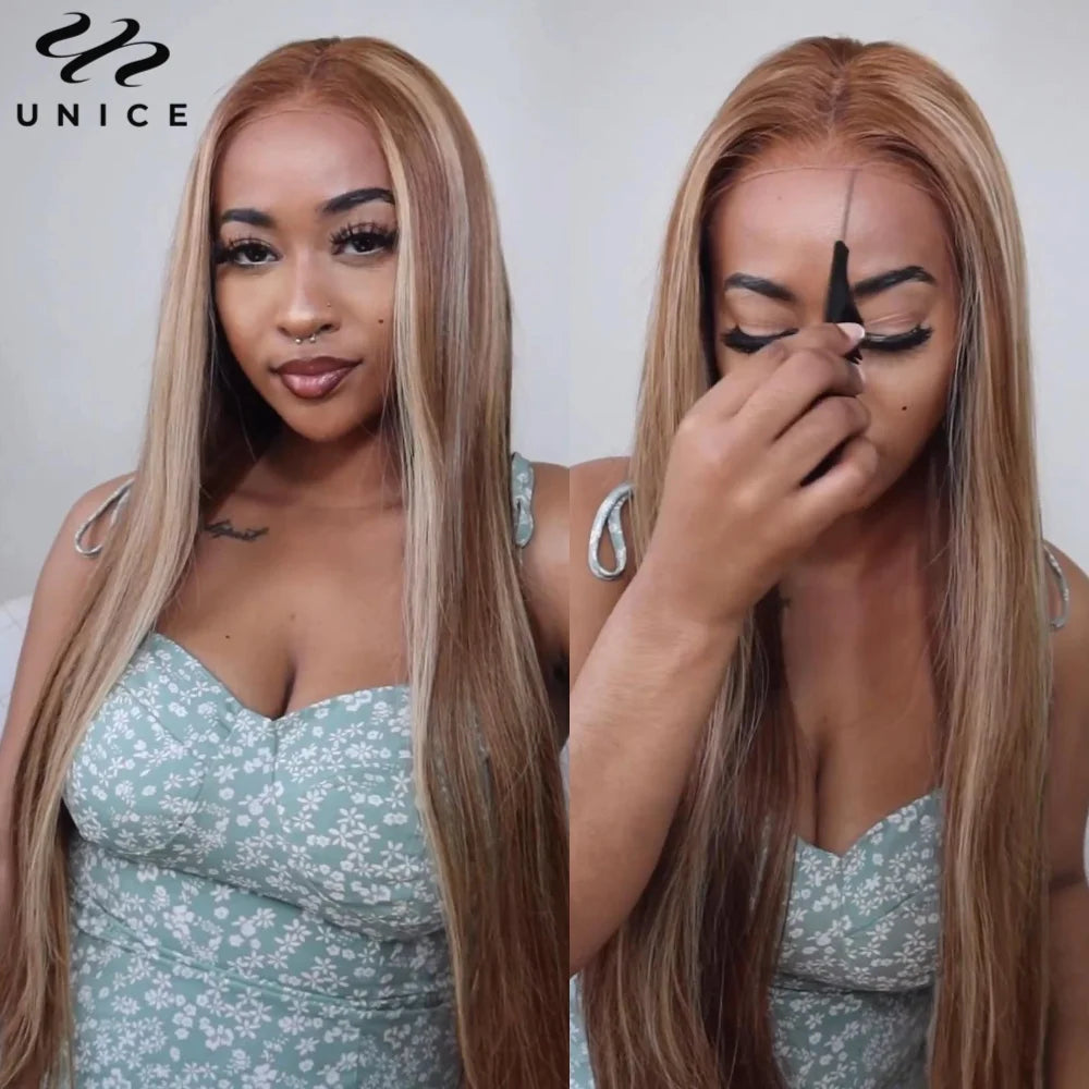 UNice 7x5 Bye Bye Knots Brown Blonde Mixed Straight Lace Wig Pre Cut Pre Bleached Glueless Wig Human Hair Ready To Wear Go