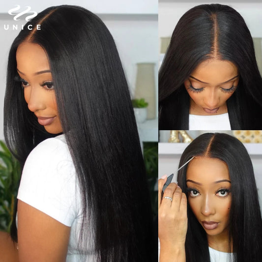 UNice Hair Pre Everything 7x5 13x4 Yaki Straight Wig Pre Plucked Pre Cut Pre Bleached Glueless Wig Human Hair Ready To Wear 150%
