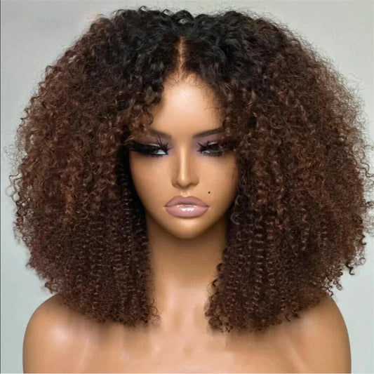 Kinky Curly Ombre Brown 20inch 180Density Soft Long Lace Front Wig For Women With BabyHair Preplucked Natural Hairline