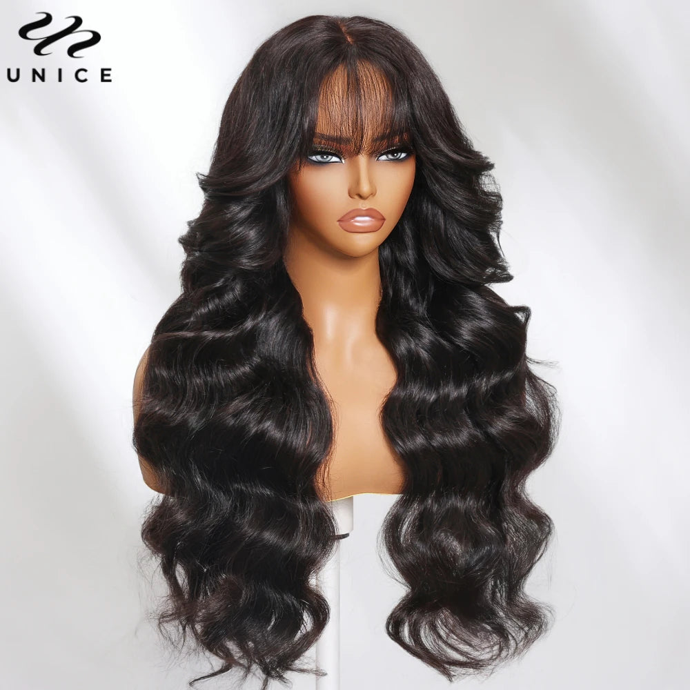 Unice Hair Pre Cut Pre Bleached 7x5 Loose Wave Wig With Bangs Wear Go Glueless Wig Pre Plucked Lace Front Human Hair Wig