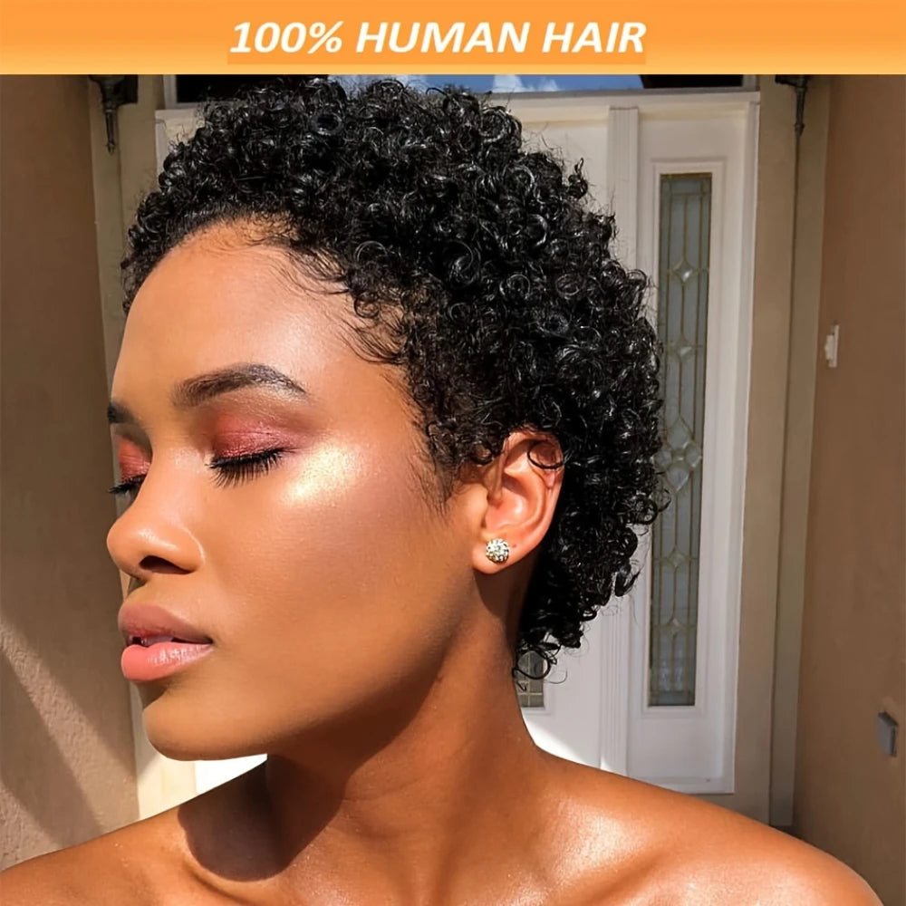 Pixie Cut Human Hair Wig - Afro Kinky Curly Water Wave Brazilian Remy Hair Full Machine Made Natural Curl Wig for Women