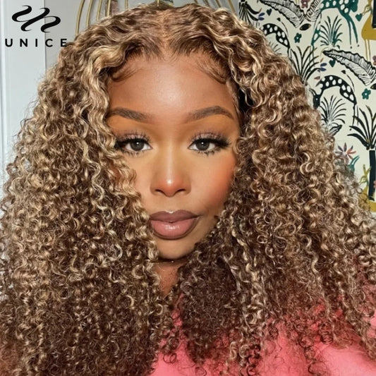 UNice Hair Blonde Highlight Curly 6X4.75 Lace Closure Glueless Wig Human Hair Ready To Wear Pre Cut Pre Bleached Lace Wigs