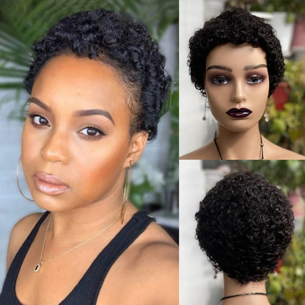 Pixie Cut Human Hair Wig - Afro Kinky Curly Water Wave Brazilian Remy Hair Full Machine Made Natural Curl Wig for Women