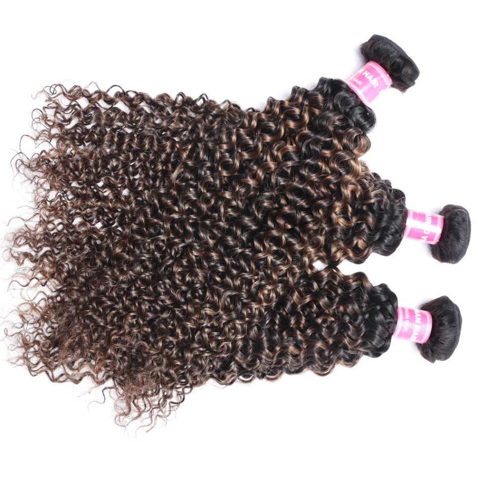 Unice Hair FB30 Brown Highlights 3/4 Pcs Jerry Curly Brazilian Human Hair Weave Bundles with Closure Remy Hair Extensions