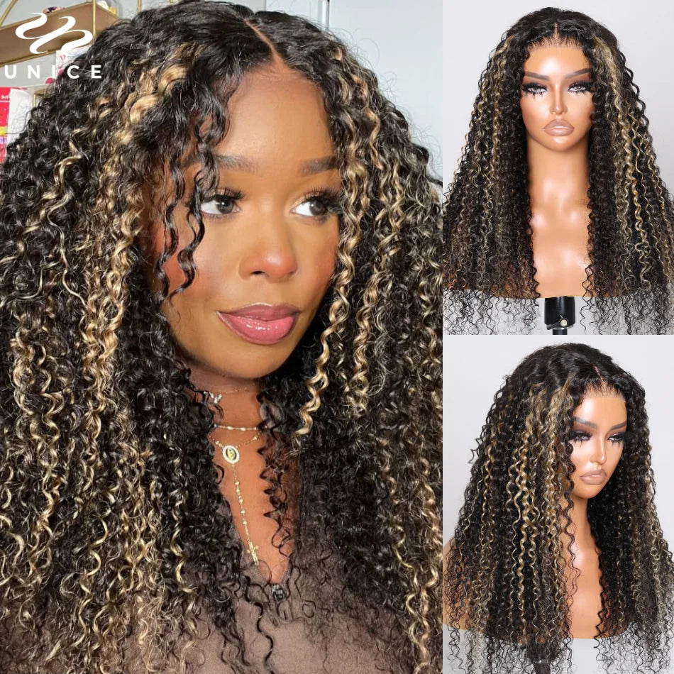Unice Hair 200% Density Blonde Highlight Curly Wig Pre Cut 6x4.75 / 7x5 Lace Glueless Wig Human Hair Ready To Wear
