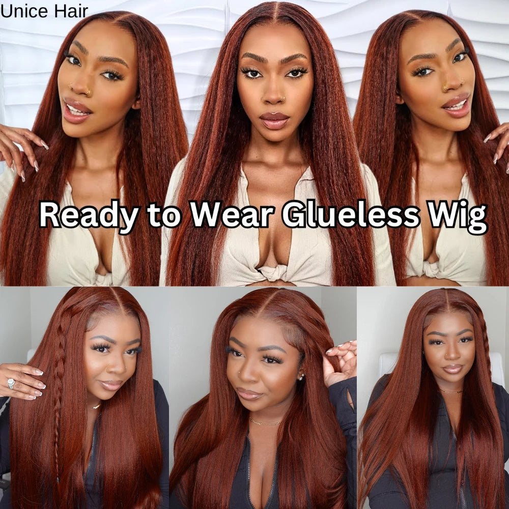 Hair 7x5 Bye Bye Knots Wig Reddish Brown Yaki Straight Human Hair Wigs Pre Cut Pre Bleached Glueless Lace Wig 150% Density