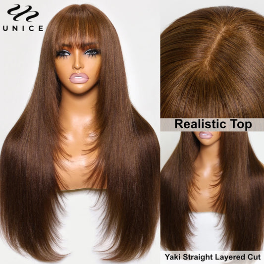 Hair Yaki Straight #4 Brown Human Hair Wig With Bangs Layered Cut Middle Part 4x2 Lace Front Human Hair Wig 150% Density